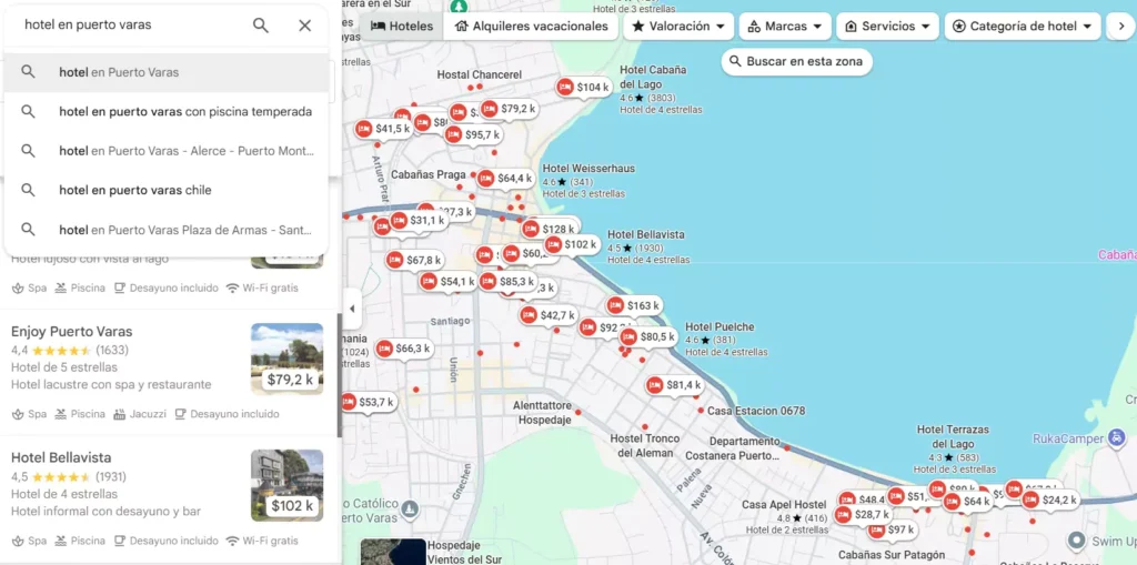 Resultados en Google Maps para hotel en Puerto Varas, un ejemplo de cómo aparecer en búsquedas locales