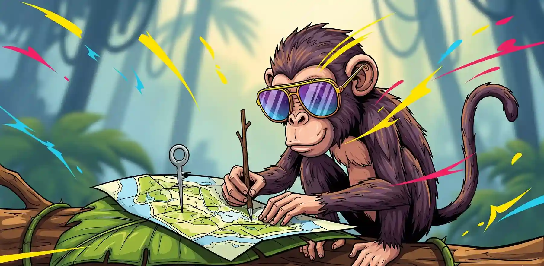 Mono con gafas de sol sobre un mapa en la selva, planificando cómo aparecer en Google Maps