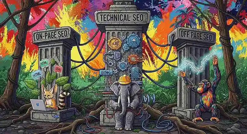 bases del posicionamiento seo representado como un templo con tres pilares a cargo de animales en la selva