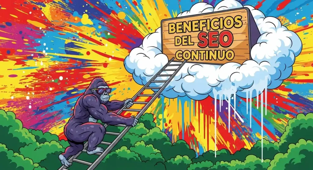 gorila subiendo una escalera hacia una nube con el cartel beneficios del seo continuo