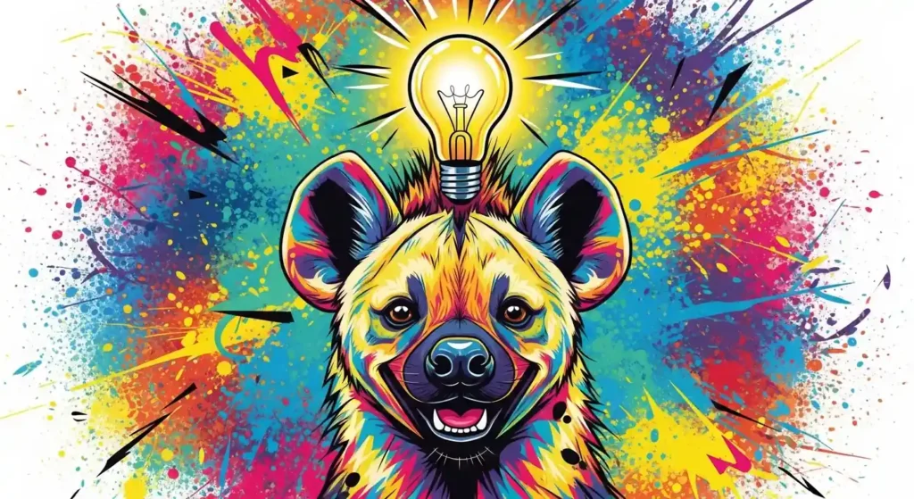 hiena sonriente con bombilla eléctrica en la cabeza simbolizando saber como mejorar las conversiones seo y roi