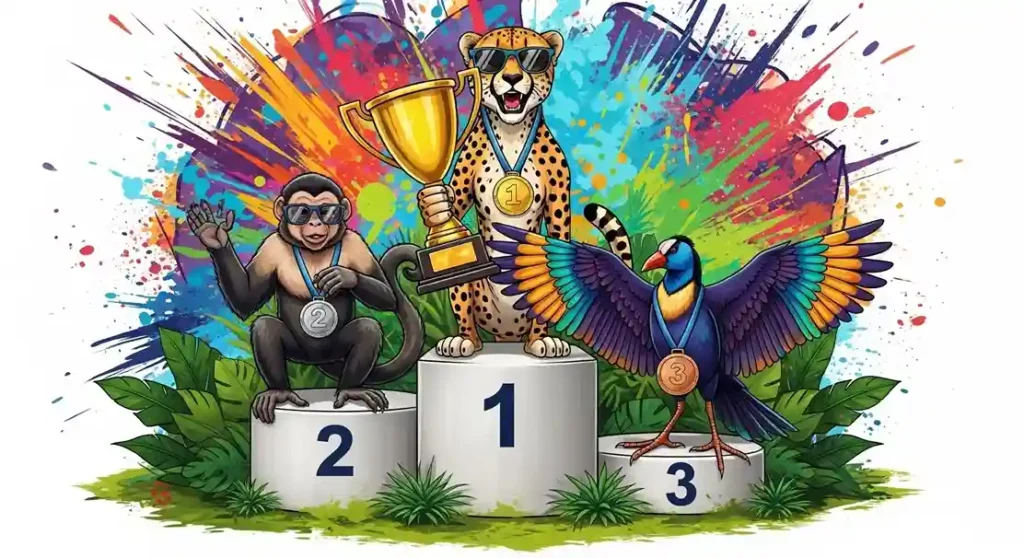 Posicionamiento en Google graficado con un podio con animales de la selva en los 3 primeros lugares