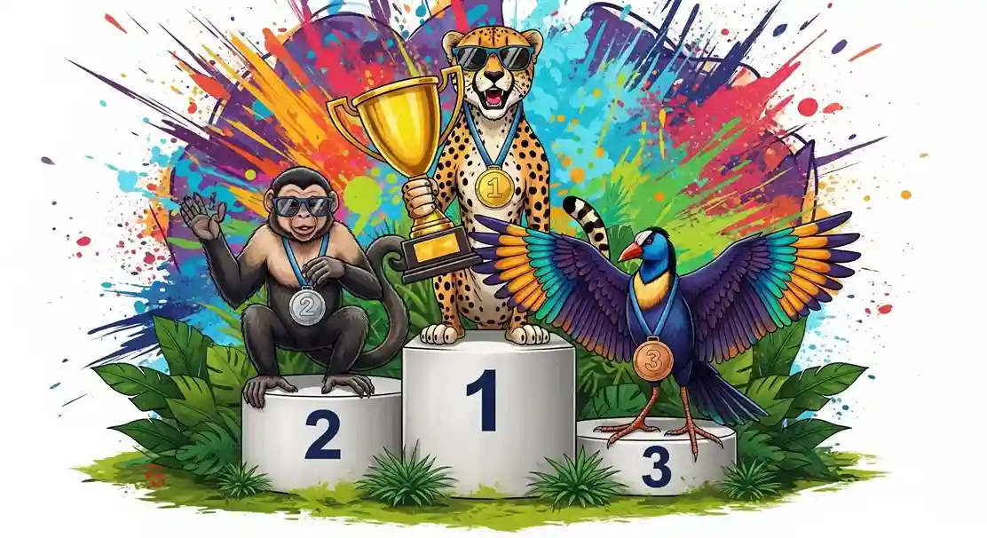 Posicionamiento en Google graficado con un podio con animales de la selva en los 3 primeros lugares