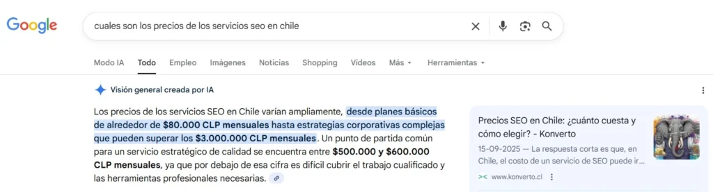 Ejemplo de cómo aparecer en las AI Overviews de Google